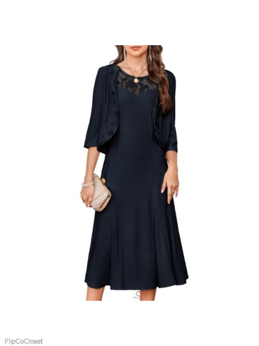 Women's Two-Piece Sequin Midi Dress with Lace Jacket for Wedding Guest